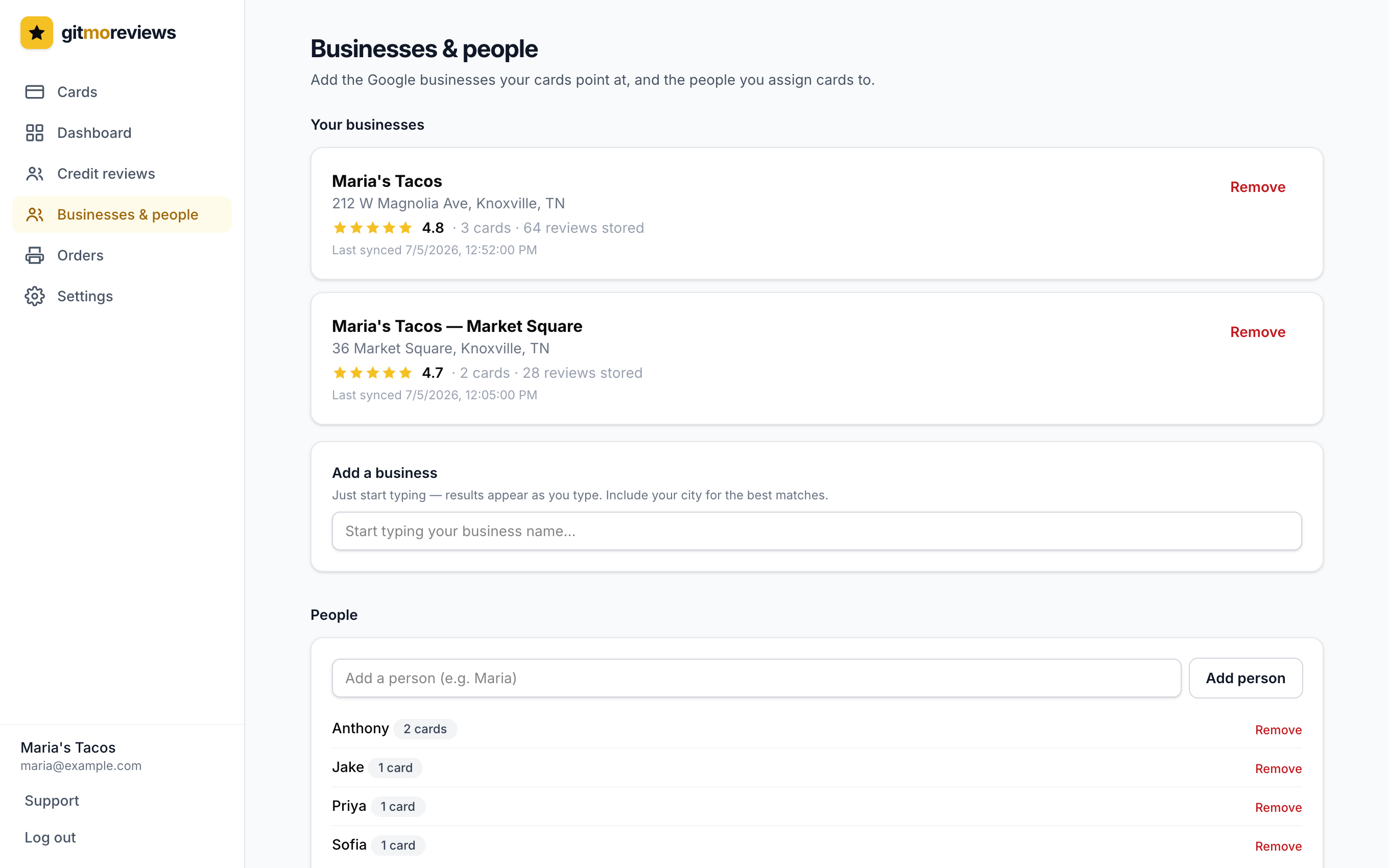 The Businesses & people page with a business added and the search box below