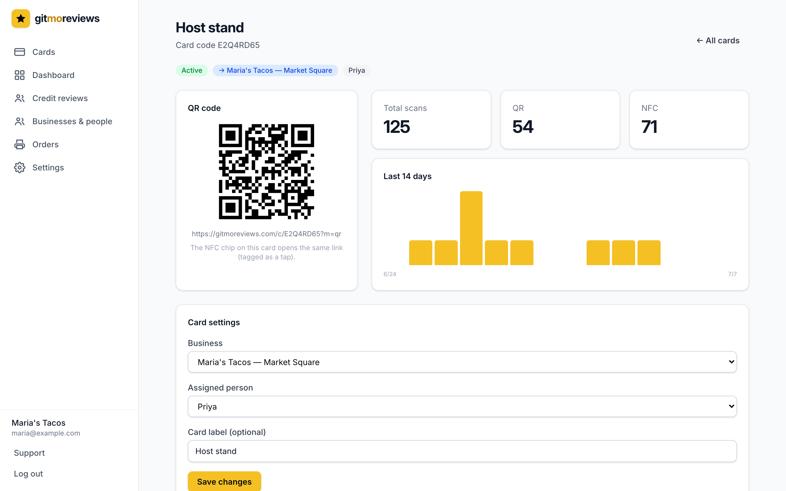 A card detail page showing the QR code, scan stats, a daily chart, and card settings