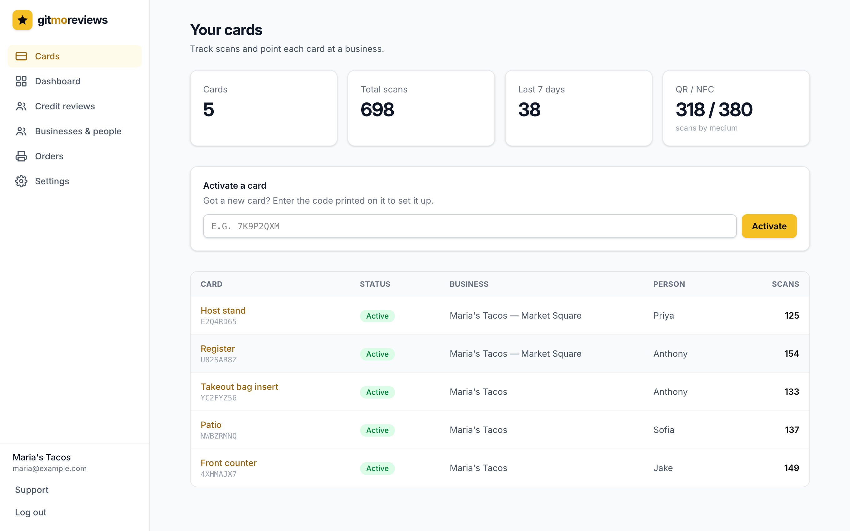 The Cards page with stats and a table of cards