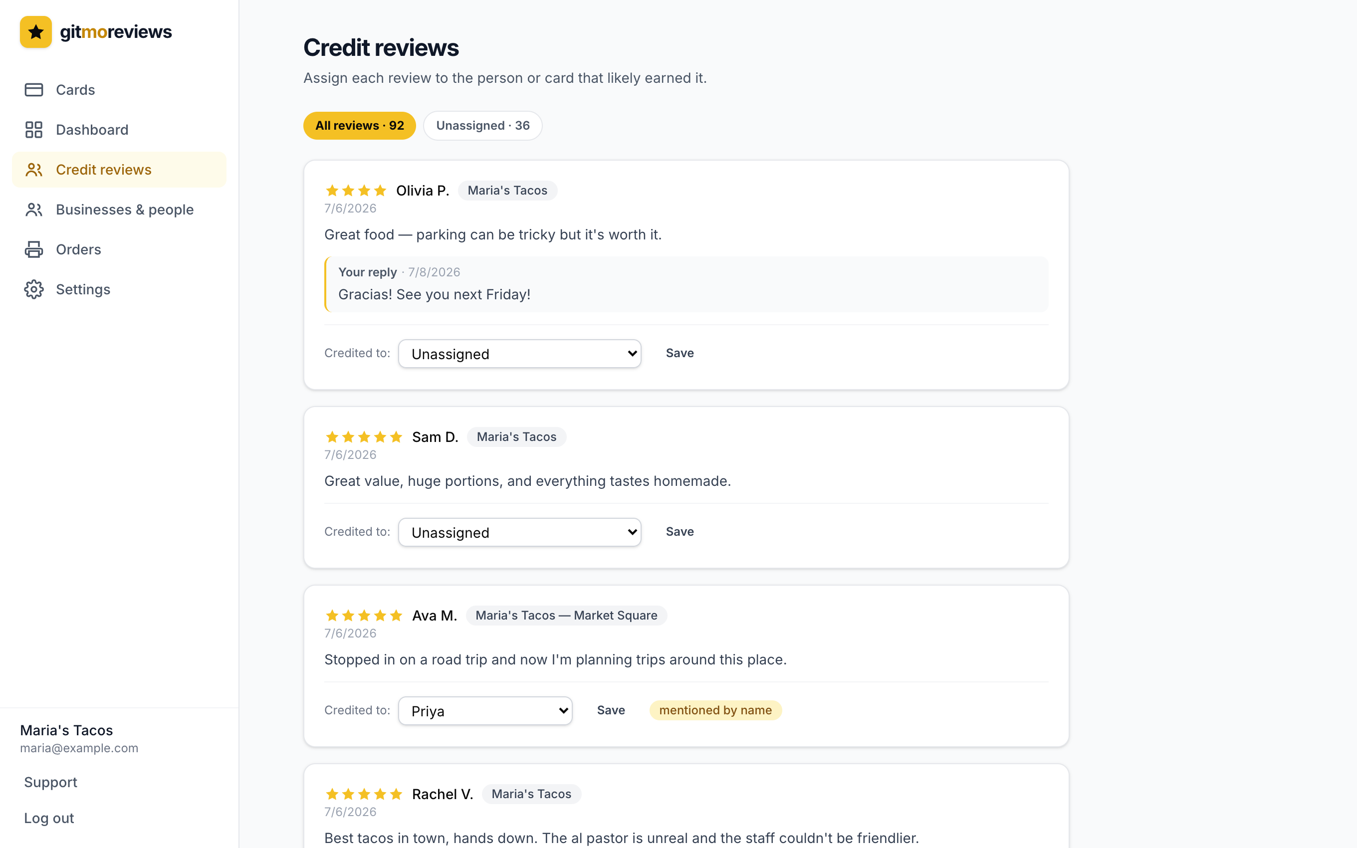 The Credit reviews page with each review and a dropdown to credit a person or card