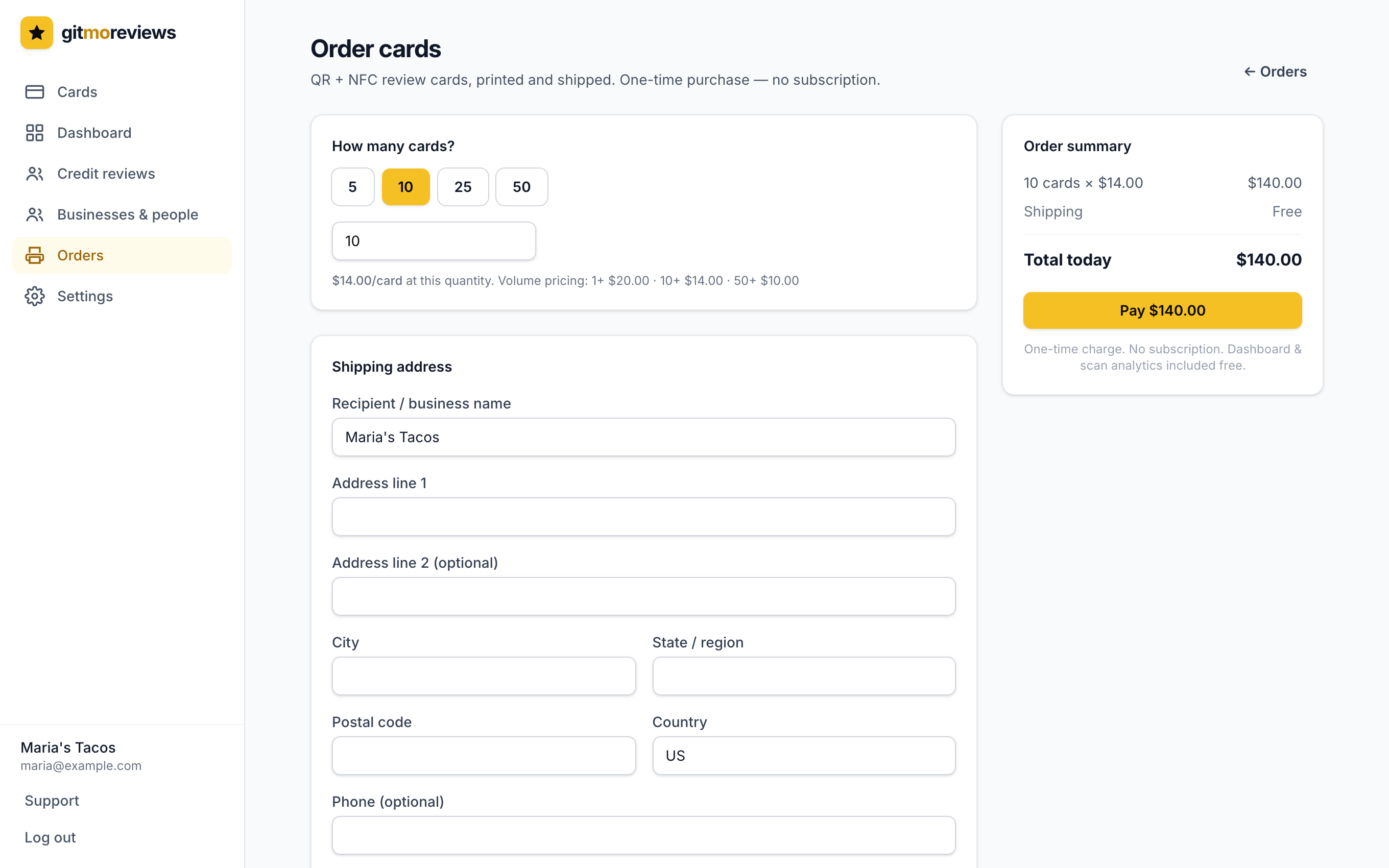 The order form with quantity selection, volume pricing, shipping address, and order summary