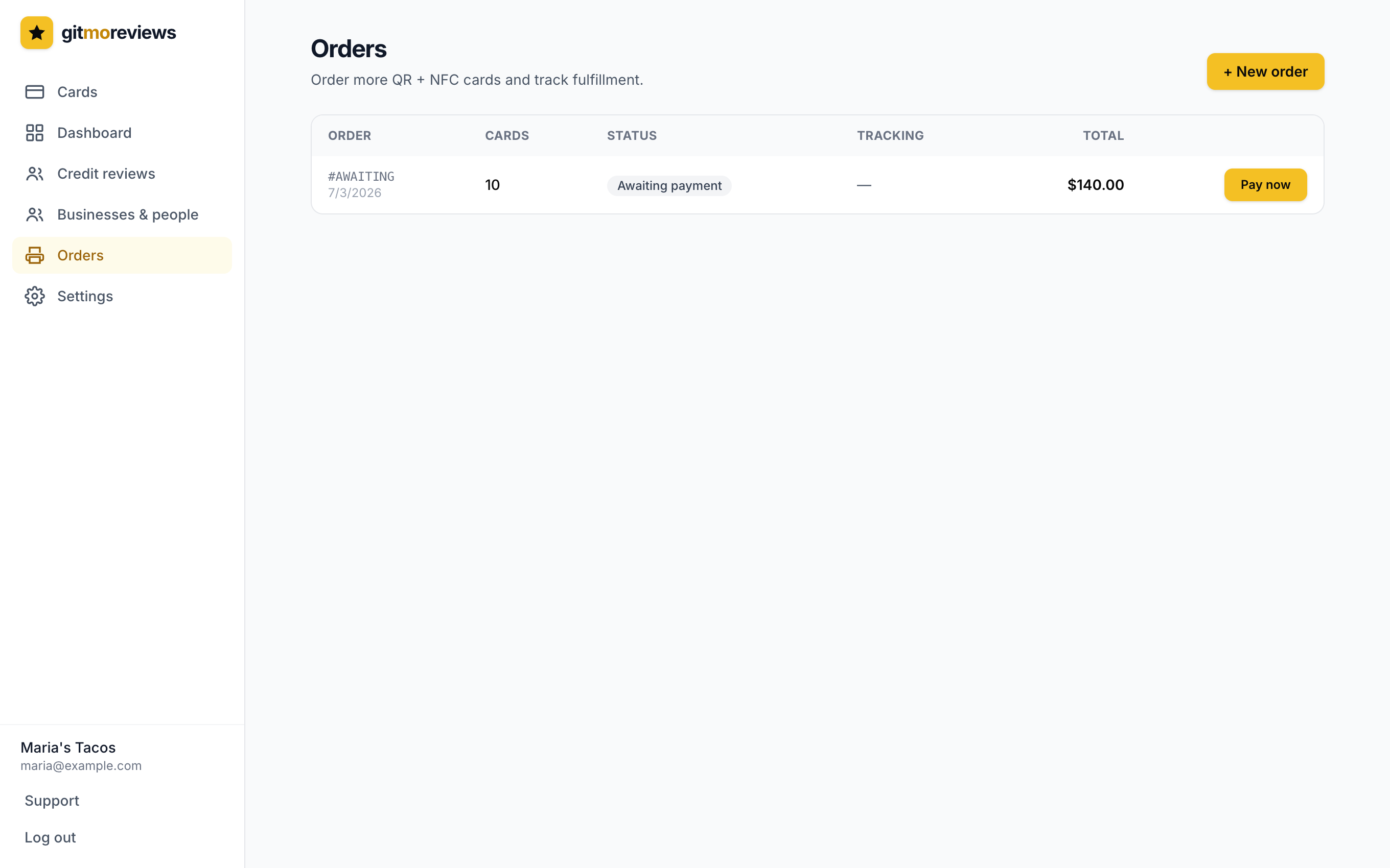 The Orders page showing an order with its status and tracking number