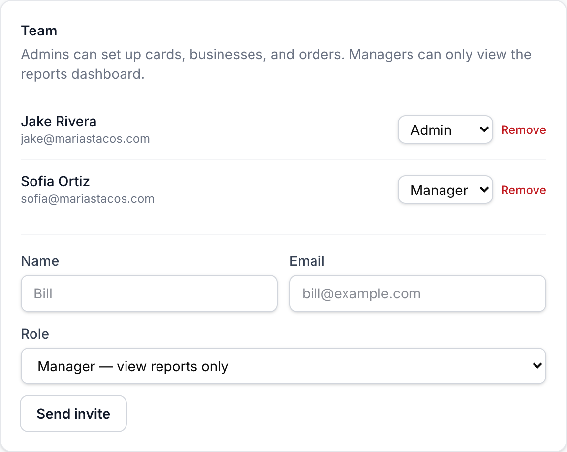 The Team section in Settings with two members and an invite form